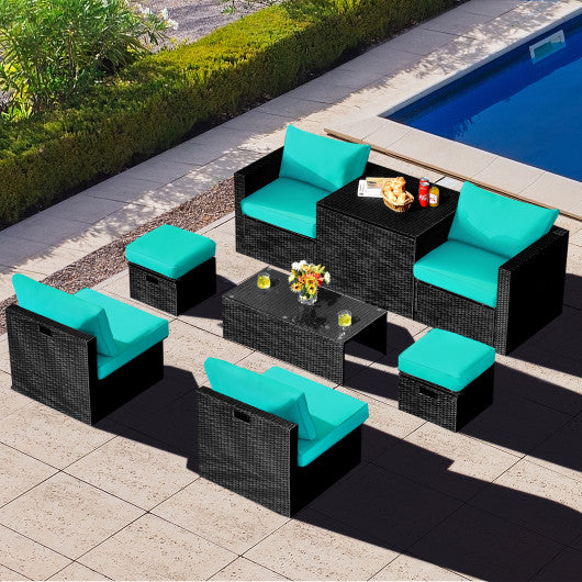 8 Pieces Patio Rattan Storage Table Furniture Set-Turquoise - Set Shop and Smile