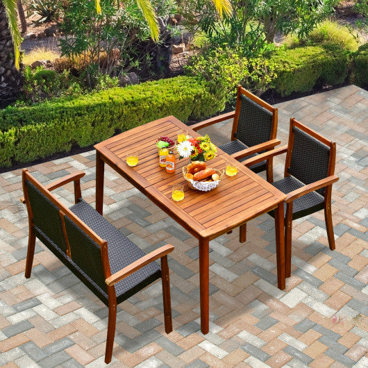 4 Pieces Acacia Wood Patio Rattan Dining Furniture Set - Set Shop and Smile