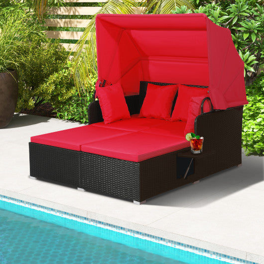 Patio Rattan Daybed with Retractable Canopy and Side Tables-Red - Set Shop and Smile