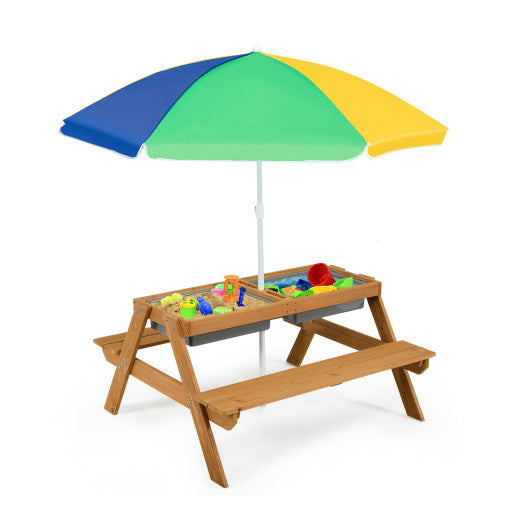 3-in-1 Kids Outdoor Picnic Water Sand Table with Umbrella Play Boxes-Yellow - Set Shop and Smile