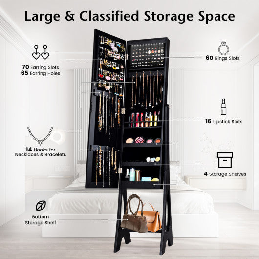 LED Jewelry Cabinet Armoire Organizer with Bevel Edge Mirror-Black - Set Shop and Smile