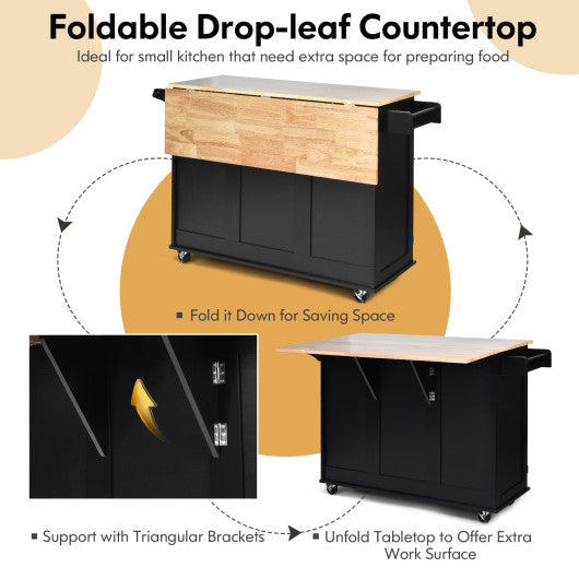Kitchen Island Trolley Cart Wood with Drop-Leaf Tabletop and Storage Cabinet-Black - Set Shop and Smile