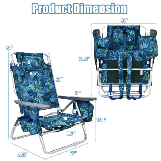 4-Pack 5-Position Outdoor Folding Backpack Beach Reclining Chair with Pillow-Blue - Set Shop and Smile
