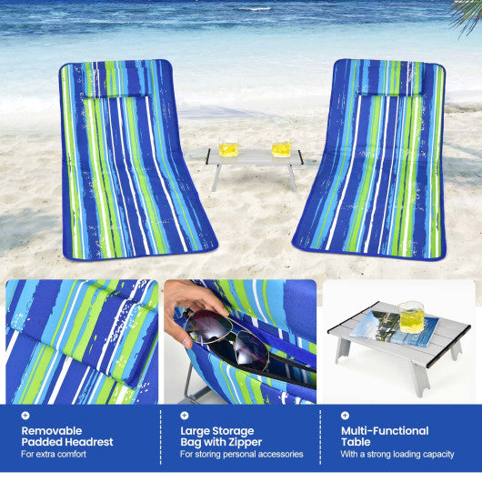 3 Pieces Beach Lounge Chair Mat Set 2 Adjustable Lounge Chairs with Table Stripe-Blue - Set Shop and Smile