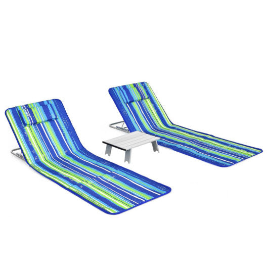 3 Pieces Beach Lounge Chair Mat Set 2 Adjustable Lounge Chairs with Table Stripe-Blue - Set Shop and Smile