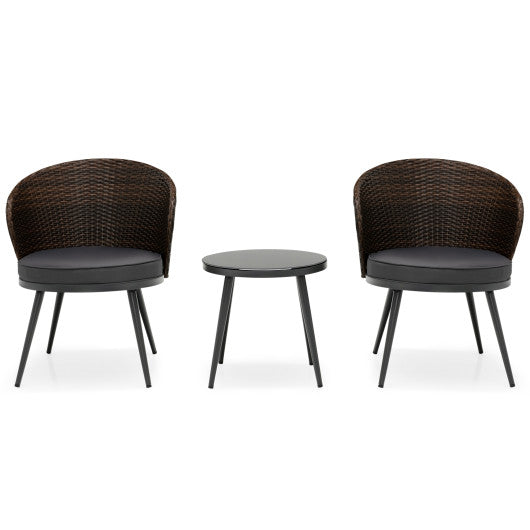 3 Pieces Patio Rattan Bistro Set with 2 Seat Cushions and Tempered Glass Tabletop-Brown - Set Shop and Smile
