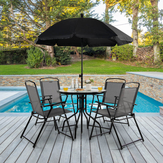 6 Pieces Patio Dining Set Folding Chairs Glass Table Tilt Umbrella for Garden-Gray - Set Shop and Smile