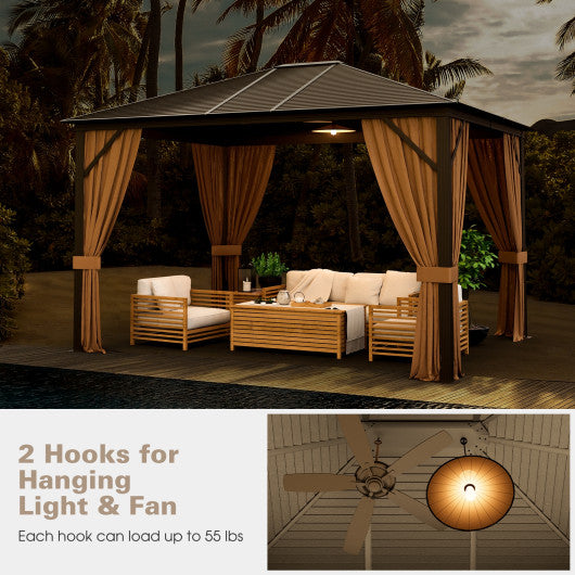 12 x10 Feet Outdoor Hardtop Gazebo with Galvanized Steel Top and Netting-Brown - Set Shop and Smile