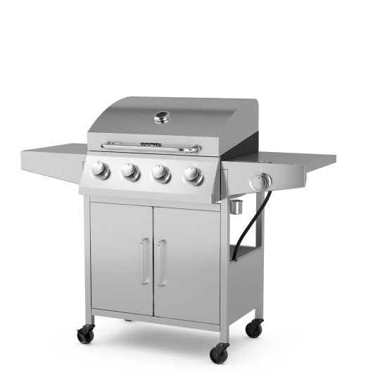 50000BTU 5-Burner Propane Gas Grill with Side Burner and 2 Prep Tables-Silver - Set Shop and Smile