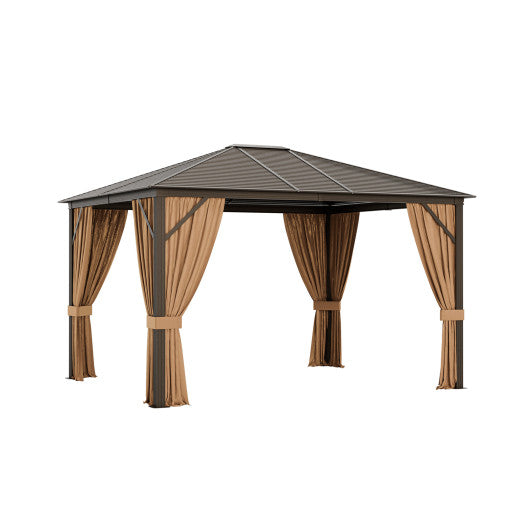 12 x10 Feet Outdoor Hardtop Gazebo with Galvanized Steel Top and Netting-Brown - Set Shop and Smile
