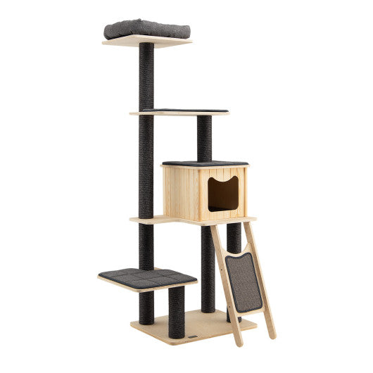 5-Tier Modern Wood Cat Tower with Washable Cushions-Gray - Set Shop and Smile
