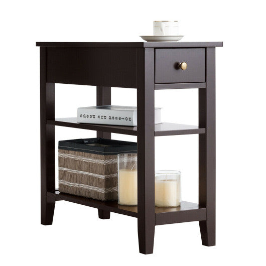 3-Tier Nightstand Bedside Table Sofa Side with Double Shelves Drawer-Coffee - Set Shop and Smile