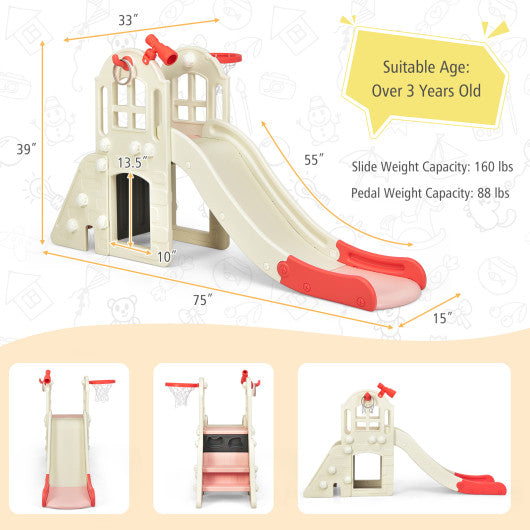 6-In-1 Large Slide for Kids Toddler Climber Slide Playset with Basketball Hoop-Pink - Set Shop and Smile