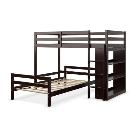 Twin Over Twin Loft Bunk Bed with Bookcase-Dark Brown - Set Shop and Smile
