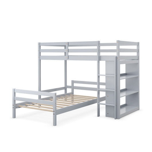 Twin Over Twin Loft Bunk Bed with Bookcase-Gray - Set Shop and Smile
