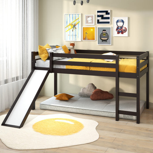 Twin Size Low Sturdy Loft Bed with Slide Wood-Dark Brown