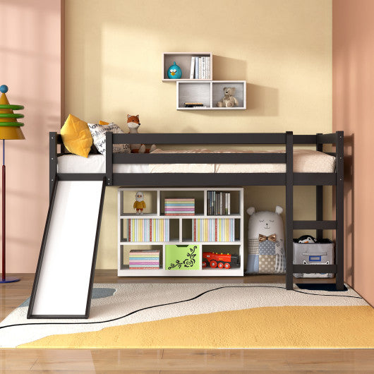 Twin Size Low Sturdy Loft Bed with Slide Wood-Dark Brown