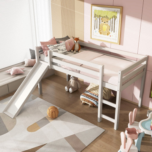 Twin Size Low Sturdy Loft Bed with Slide Wood-White