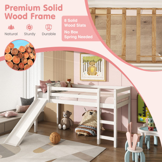 Twin Size Low Sturdy Loft Bed with Slide Wood-White