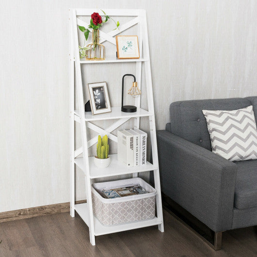 4-tier Leaning Free Standing Ladder Shelf Bookcase-White - Set Shop and Smile