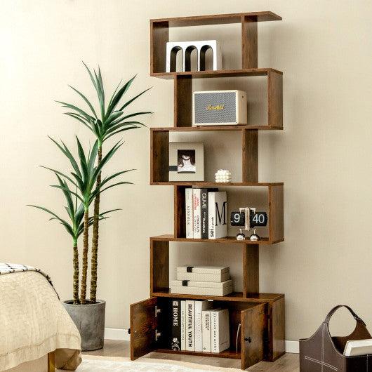 6-Tier S-Shaped Freestanding Bookshelf with Cabinet and Doors-Coffee at Set Shop and Smile