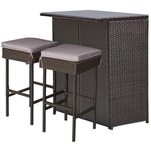 3 Pieces Patio Rattan Wicker Bar Table Stools Dining Set-Gray & Off White at Set Shop and Smile