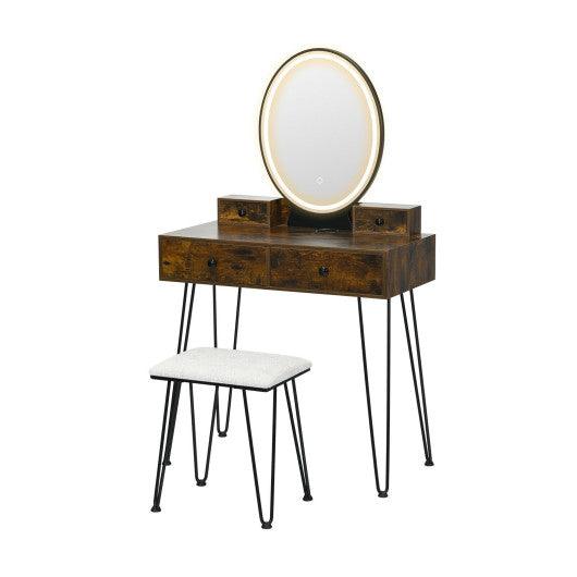 Vanity Table Set with 3-Color Lighted Dimmable Mirror-Brown at Set Shop and Smile