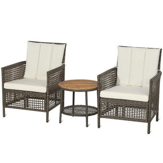 3 Pieces Patio Rattan Furniture Set with Cushioned Sofas and Wood Table Top-White at Set Shop and Smile