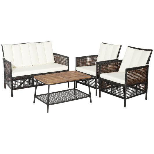 4 Pieces Patio Rattan Furniture Set with 2-Tier Coffee Table-White at Set Shop and Smile