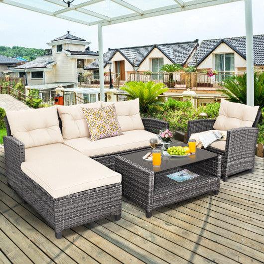 4 Pieces Patio Rattan Furniture Set with Cushion and Table Shelf-Off White at Set Shop and Smile
