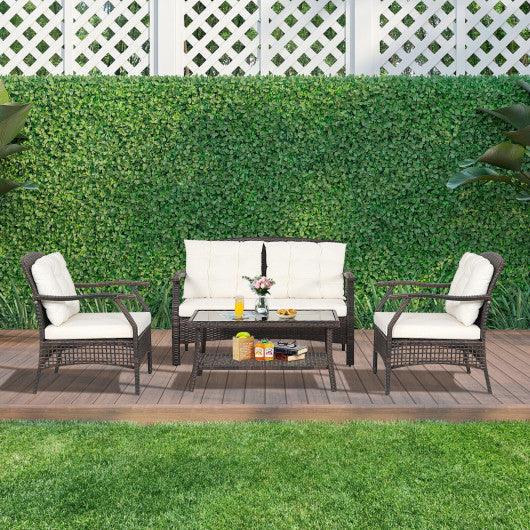 4 Pieces Outdoor Rattan Conversation Set with Protective Cover at Set Shop and Smile