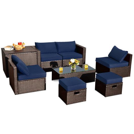 8 Pieces Patio Space-Saving Rattan Furniture Set with Storage Box and Waterproof Cover-Navy at Set Shop and Smile