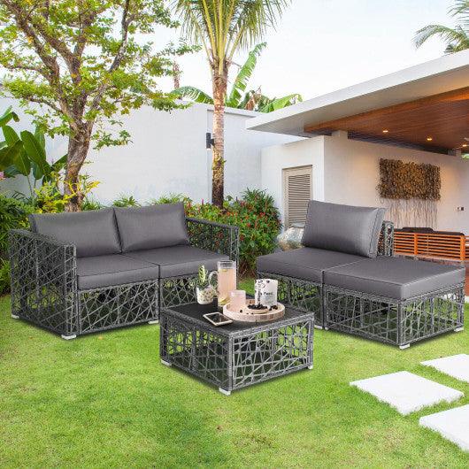 5 Pieces Patio PE Rattan Wicker Sofa Furniture Set-Gray at Set Shop and Smile