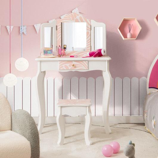 2-in-1 Kids Vanity Table Set with Tri-folding Mirror-Pink at Set Shop and Smile