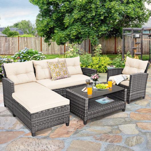 4 Pieces Patio Rattan Furniture Set with Cushion and Table Shelf-Off White at Set Shop and Smile
