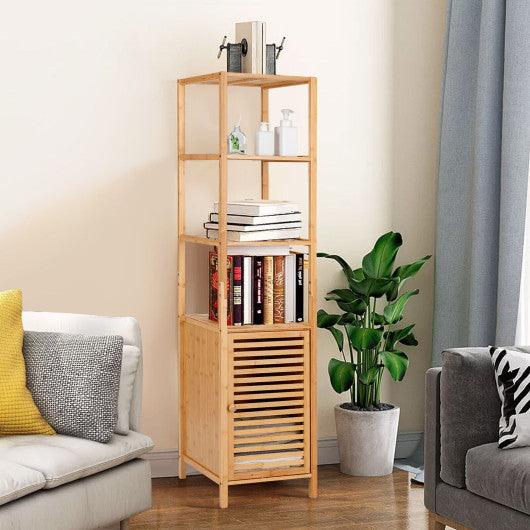 4 Tiers Slim Bamboo Floor Storage Cabinet with Shutter Door and Anti-Toppling Device-Natural at Set Shop and Smile