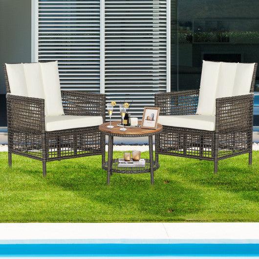 3 Pieces Patio Rattan Furniture Set with Cushioned Sofas and Wood Table Top-White at Set Shop and Smile