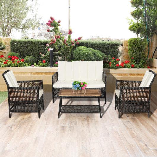 4 Pieces Patio Rattan Furniture Set with 2-Tier Coffee Table-White at Set Shop and Smile