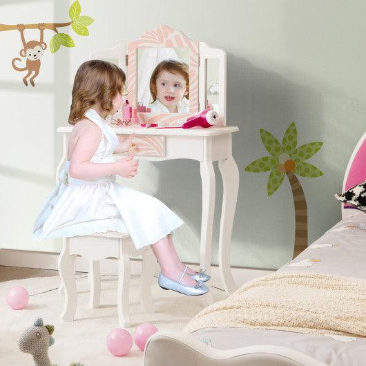 2-in-1 Kids Vanity Table Set with Tri-folding Mirror-Pink at Set Shop and Smile