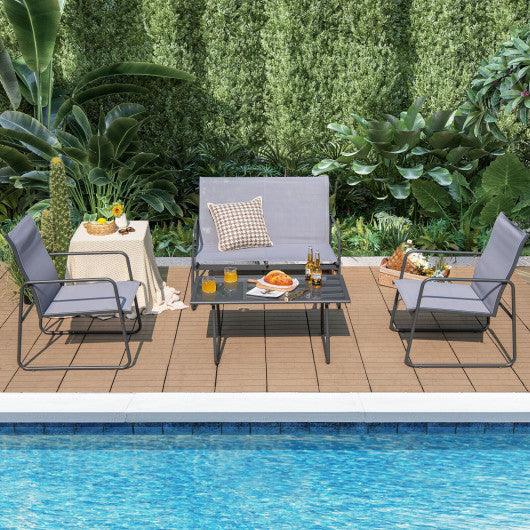 4 Pieces of Metal Patio Furniture Chat Set with Tempered Glass Coffee Table at Set Shop and Smile