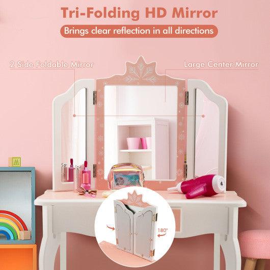 Princess Vanity Table and Chair Set with Tri-Folding Mirror and Snowflake Print-Pink at Set Shop and Smile