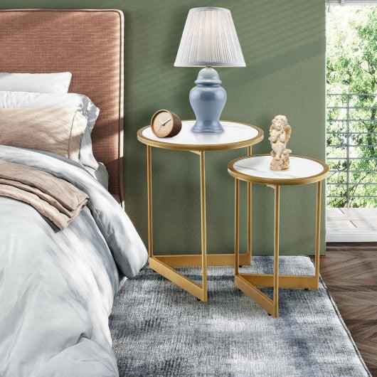 Round Nesting Table Set of 2 with Marble-like Tabletop-White at Set Shop and Smile