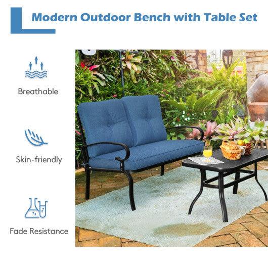 2 Pieces Patio Loveseat Bench Table Furniture Set with Cushioned Chair-Blue at Set Shop and Smile