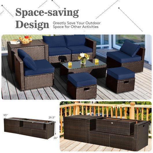 8 Pieces Patio Space-Saving Rattan Furniture Set with Storage Box and Waterproof Cover-Navy at Set Shop and Smile