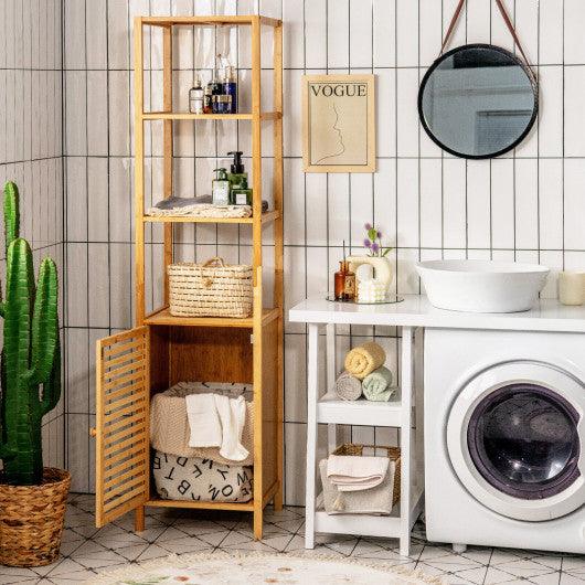 4 Tiers Slim Bamboo Floor Storage Cabinet with Shutter Door and Anti-Toppling Device-Natural at Set Shop and Smile