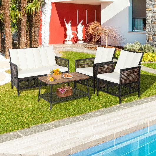4 Pieces Patio Rattan Furniture Set with 2-Tier Coffee Table-White at Set Shop and Smile
