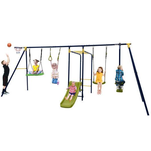 7-in-1 Stable A-shaped Outdoor Swing Set for Backyard at Set Shop and Smile