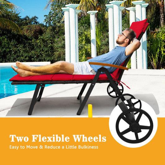 Folding Patio Rattan Lounge Chair with Wheels-Red at Set Shop and Smile