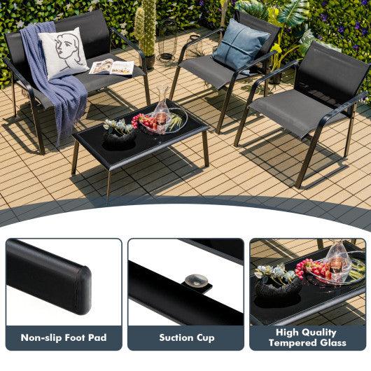 4 Pieces Patio Furniture Set with Armrest Loveseat Sofas and Glass Table Deck-Black at Set Shop and Smile