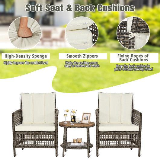 3 Pieces Patio Rattan Furniture Set with Cushioned Sofas and Wood Table Top-White at Set Shop and Smile